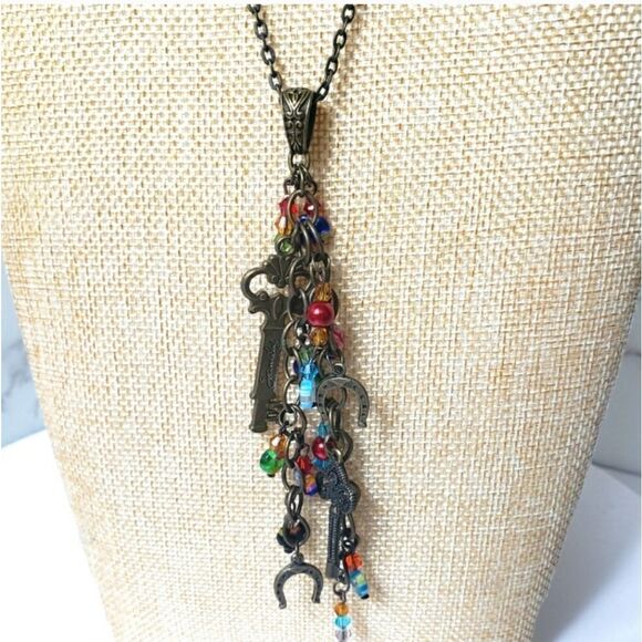 ARTISAN Dangling Wire Wrapped Beads And Charms Boho Necklace - Picture 1 of 7